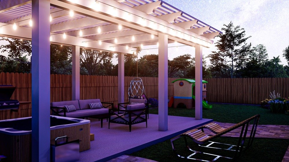 3d,Rendered,Of,A,Small,Backyard,Patio,With,Pergola,And